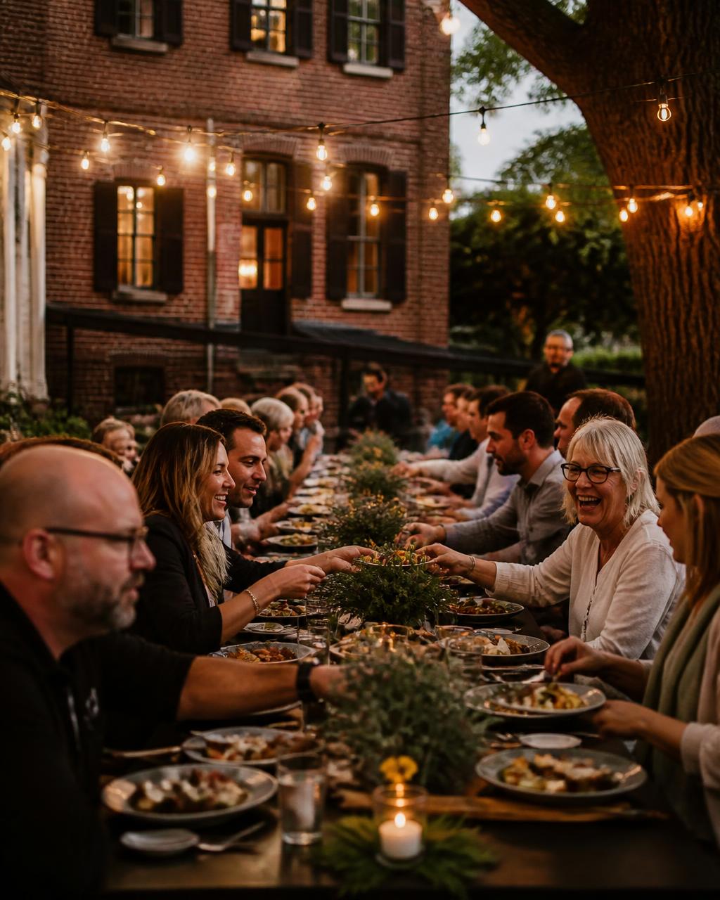 Neighbors sharing a long communal dinner table outside Rumsey Tavern