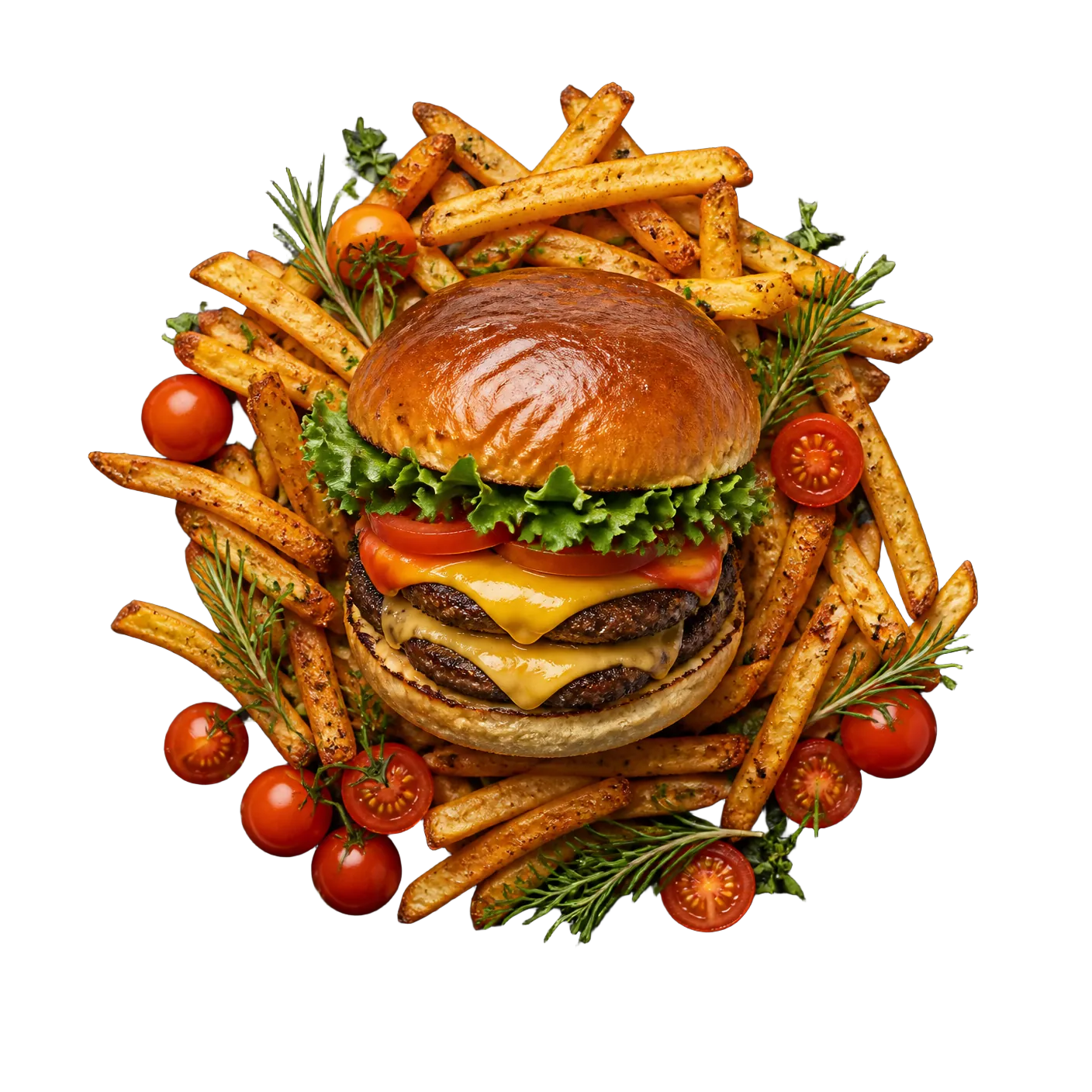 Smash burger with hand-cut fries, garden herbs and cherry tomatoes at Rumsey Tavern, a Shepherdstown restaurant