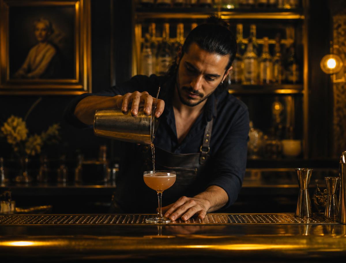 Bartender pouring a craft cocktail at Rumsey Tavern