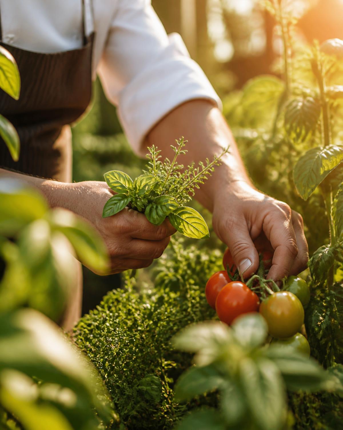 Chef harvesting herbs and tomatoes from the Rumsey Tavern kitchen garden